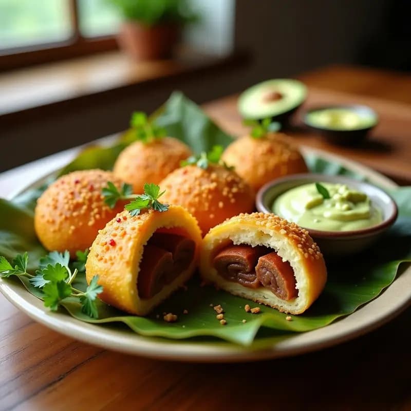 Bollos preñados de yuca dorados y crujientes en airfryer, rellenos de chorizo vegano especiado, servidos sobre hoja de plátano con cilantro fresco y rodajas de naranja agria al lado. Receta dominicano-puertorriqueña sin gluten.