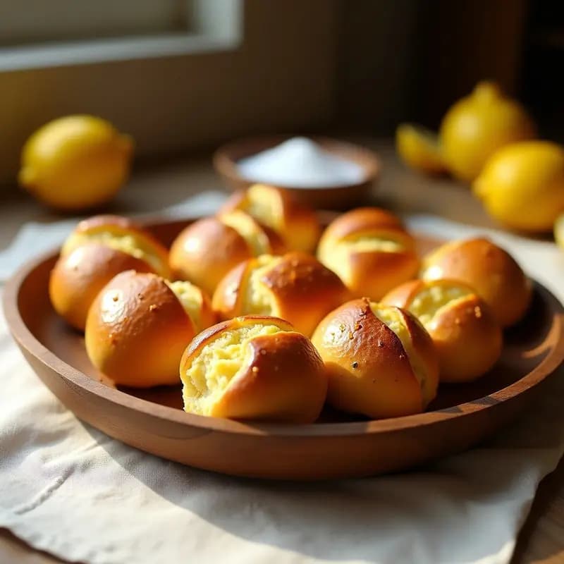 Bandeja de madera con bollos de aceite de oliva y ralladura de limón dorados, esponjosos y ligeramente agrietados por arriba, sobre un mantel rústico de lino. Receta tradicional de panadería casera.