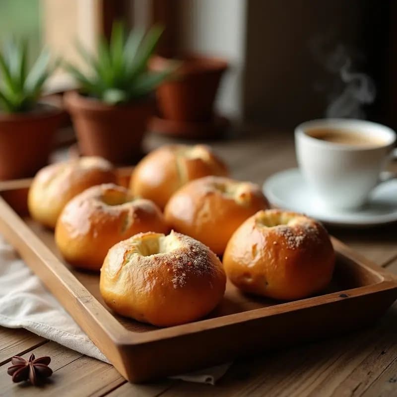 Bollos de aceite sevillanos dorados y esponjosos sobre una bandeja de madera, con textura ligeramente crujiente por fuera y suave por dentro, acompañados de una taza de café humeante.