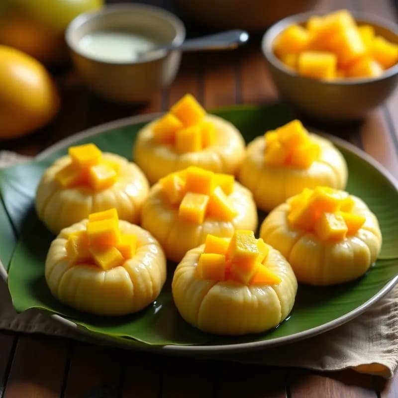 Plato blanco con bollos de arroz glutinoso con mango, cubiertos de coco rallado y almendras fileteadas, sobre fondo de hojas de plátano, postre tailandés sin horno y sin gluten.