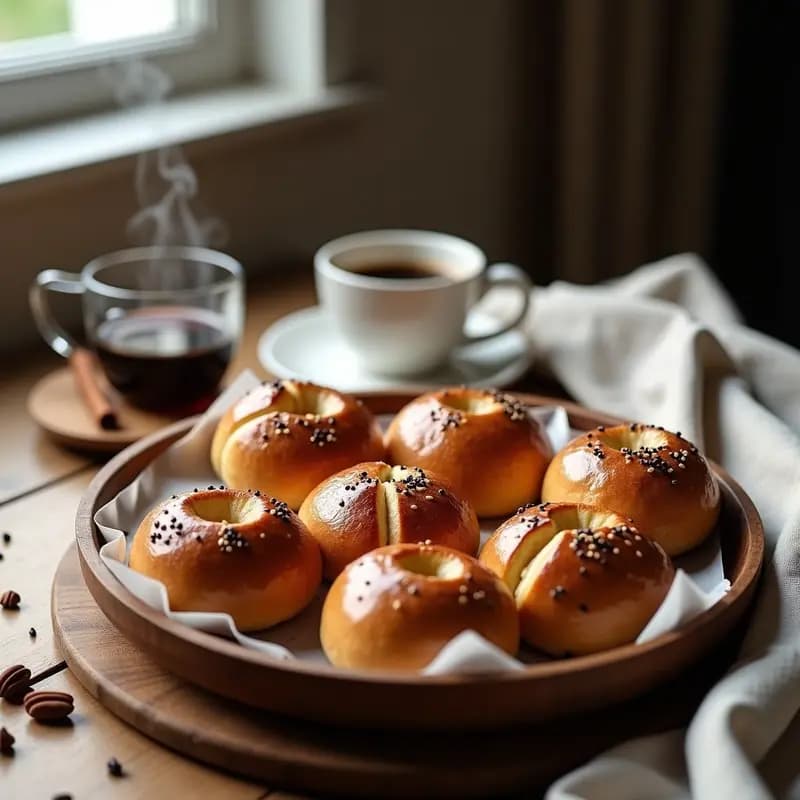 Bollos dorados de canela suecos con cardamomo en cápsulas de papel, esponjosos y con semillas de sésamo negro, servidos en una bandeja de madera rústica con un café humeante al fondo. Receta sin harina en airfryer.