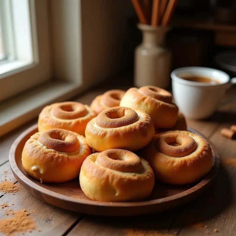 Bollos dorados y esponjosos de canela abiertos por la mitad, rellenos de una crema espesa de cacahuete, decorados con semillas de chía y un toque de canela en polvo sobre un plato de cerámica blanca con fondo rústico.