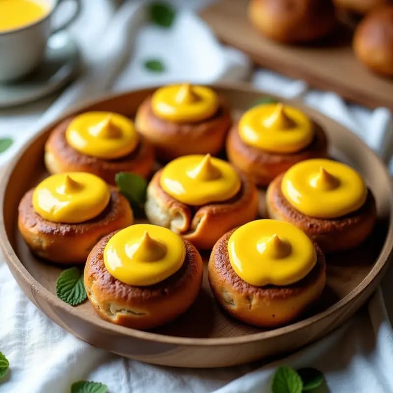 Bollos dorados de canela con relleno de crema de cúrcuma amarilla vibrante, servidos en una bandeja de madera rústica con un fondo de lino blanco y hojas de menta. Desayuno escandinavo keto y sin gluten.