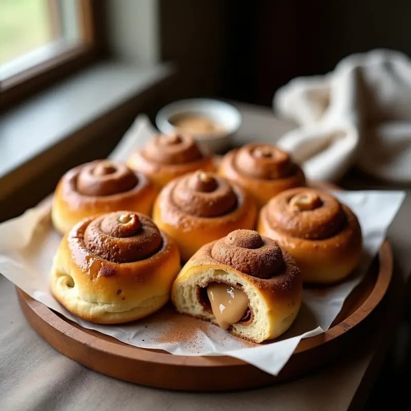 Bollos de canela suizos dorados y esponjosos rellenos de crema de cacahuete, servidos en un plato de madera con semillas de chía espolvoreadas y un toque de canela en polvo, desayuno alto en energía sin azúcar.