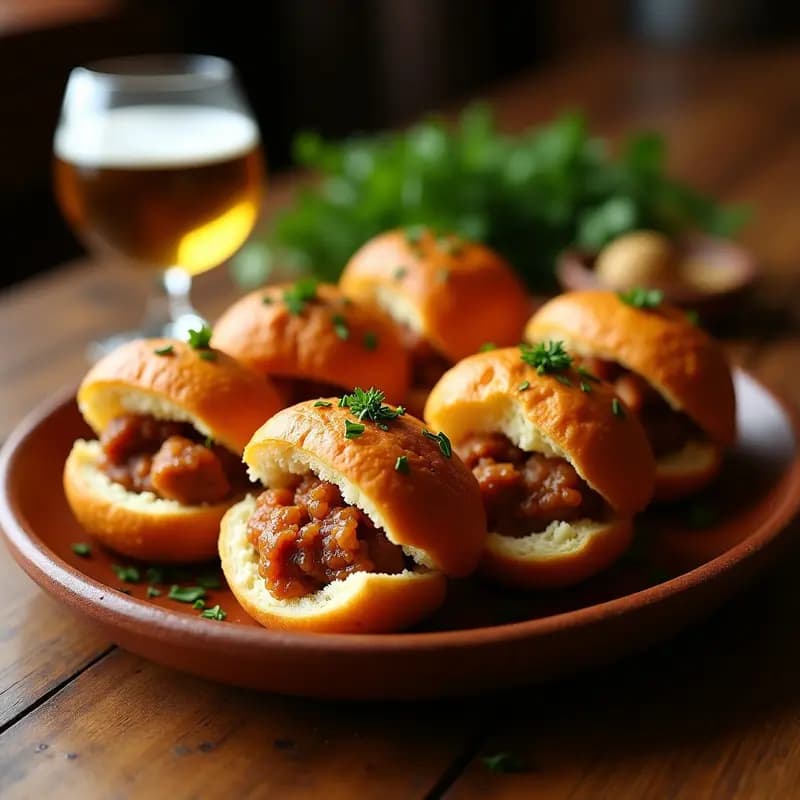 Bollos de pan tostado rellenos de chicharrones crujientes y sesos de cordero rebozados y dorados, servidos en un plato de barro rústico con perejil fresco espolvoreado. Tapa sevillana tradicional.
