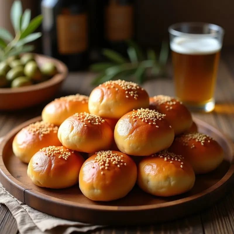 Bollos de chicharrones andaluces recién horneados, dorados y esponjosos, con semillas de sésamo por encima, dispuestos en una bandeja de madera rústica para aperitivo tradicional.