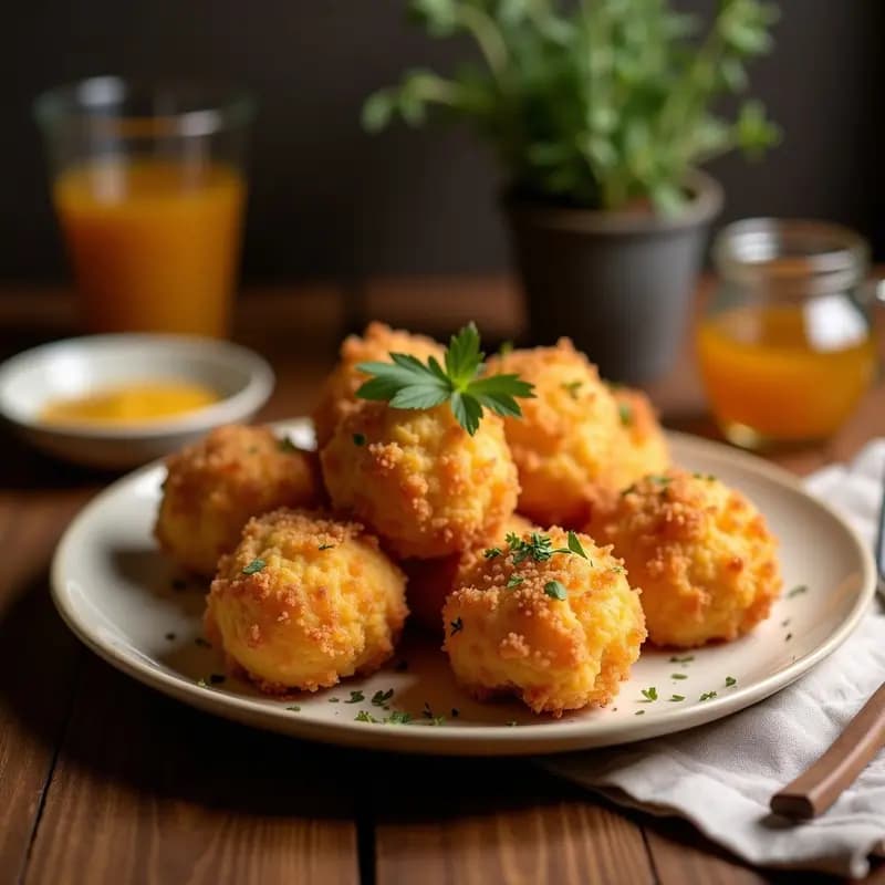 Bollos de chicharrones con miel: postre tradicional extremeño dorado y crujiente, servidos en plato rústico con un hilo de miel de romero brillante por encima.