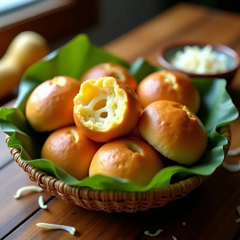 Bollos colombianos de yuca y queso recién horneados, dorados y esponjosos, servidos en una canasta de mimbre sobre hojas de bijao, con trozos de queso campesino visible en el interior.