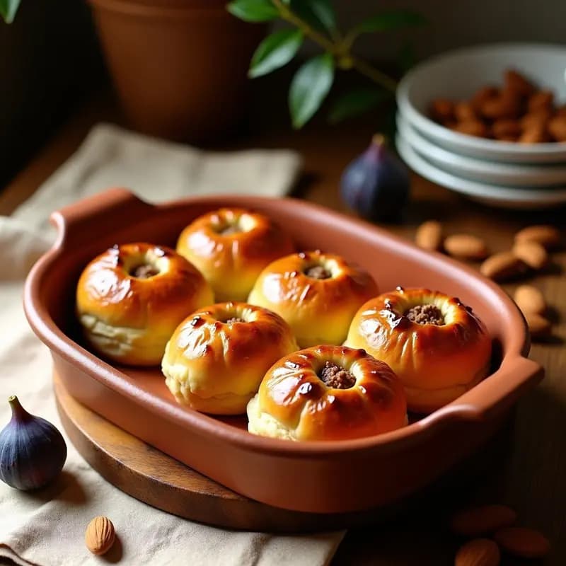 Bollos de higo rellenos de almendra horneados, con la masa dorada y agrietada, mostrando el relleno de almendra molida. Servidos en una bandeja de barro sobre un mantel rústico, con higos frescos y almendras al fondo.