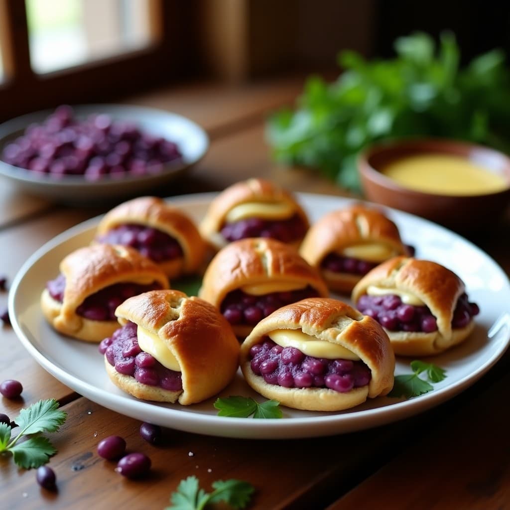 Bollos de maíz morado rellenos de queso de anacardos en horno, con corteza dorada y relleno cremoso, servidos en un plato de cerámica blanca sobre fondo rústico de madera.
