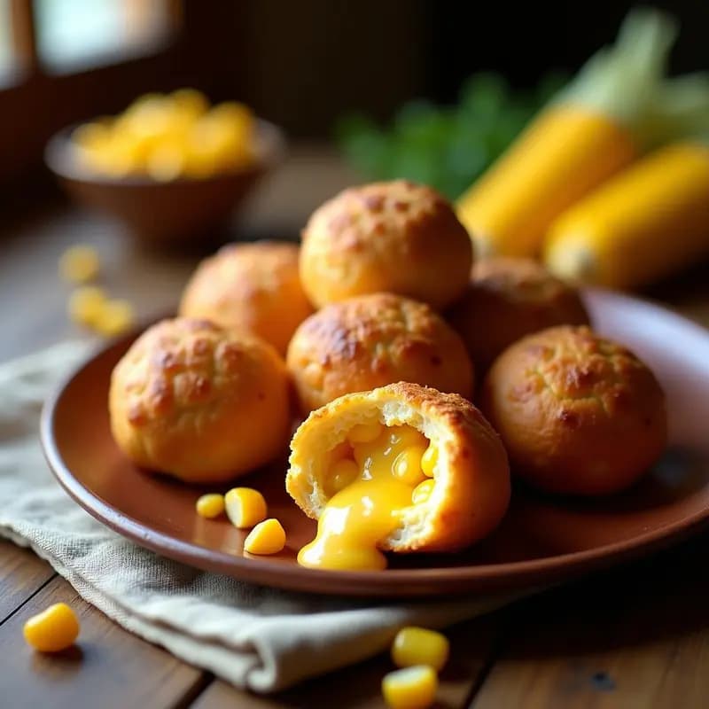 Bollos de maíz dorados y crujientes en una canasta de airfryer, rellenos de queso costeño y choclo, con un fondo rústico y hierbas frescas.