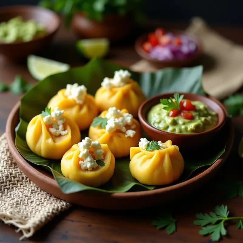Plato de bollos de maíz dorados rellenos de queso fresco, acompañados de salsa de guacamole cremosa con trozos de tomate y cilantro, receta colombiana tradicional.