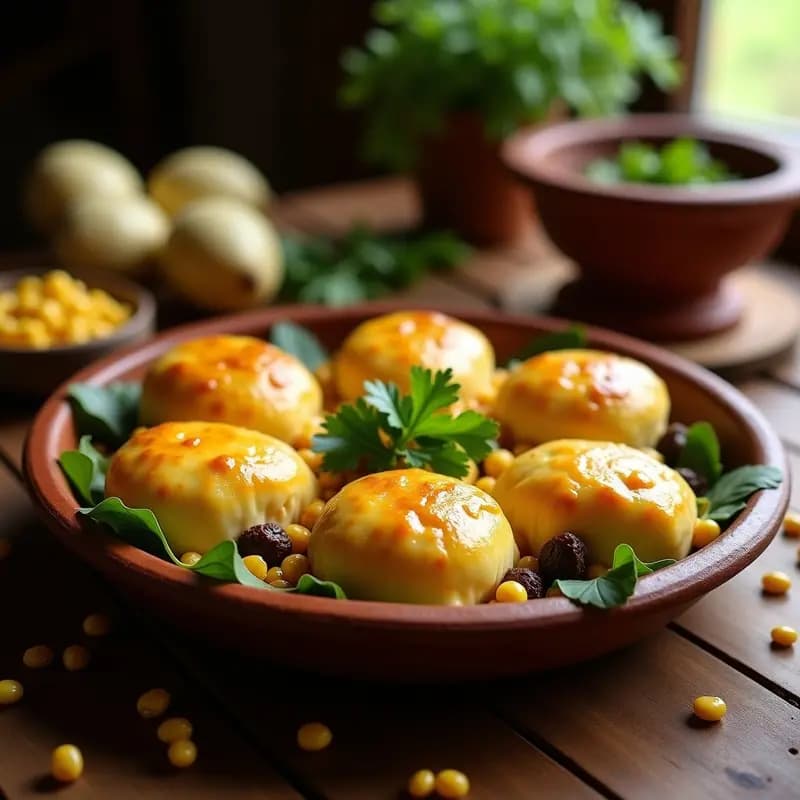 Bollos de maíz dorados rellenos de queso campesino y huitlacoche, servidos en hoja de plátano con salsa verde al lado, receta mexicana gourmet en olla.