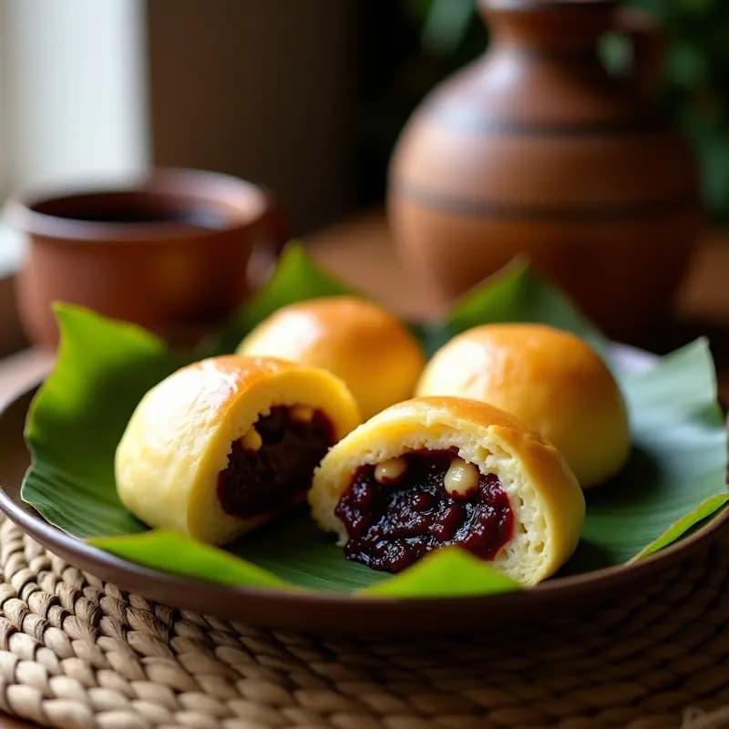 Bollos de maíz rellenos de queso fresco y mermelada de higo servidos en hoja de plátano, desayuno salvadoreno tradicional con textura esponjosa y relleno derretido.