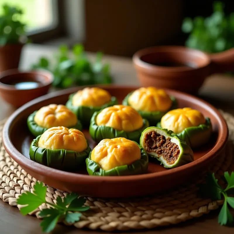 Bollos de maíz rellenos de carne de res envueltos en hojas de bijao, servidos en un plato de barro rústico con cilantro fresco espolvoreado, receta colombiana tradicional en olla.