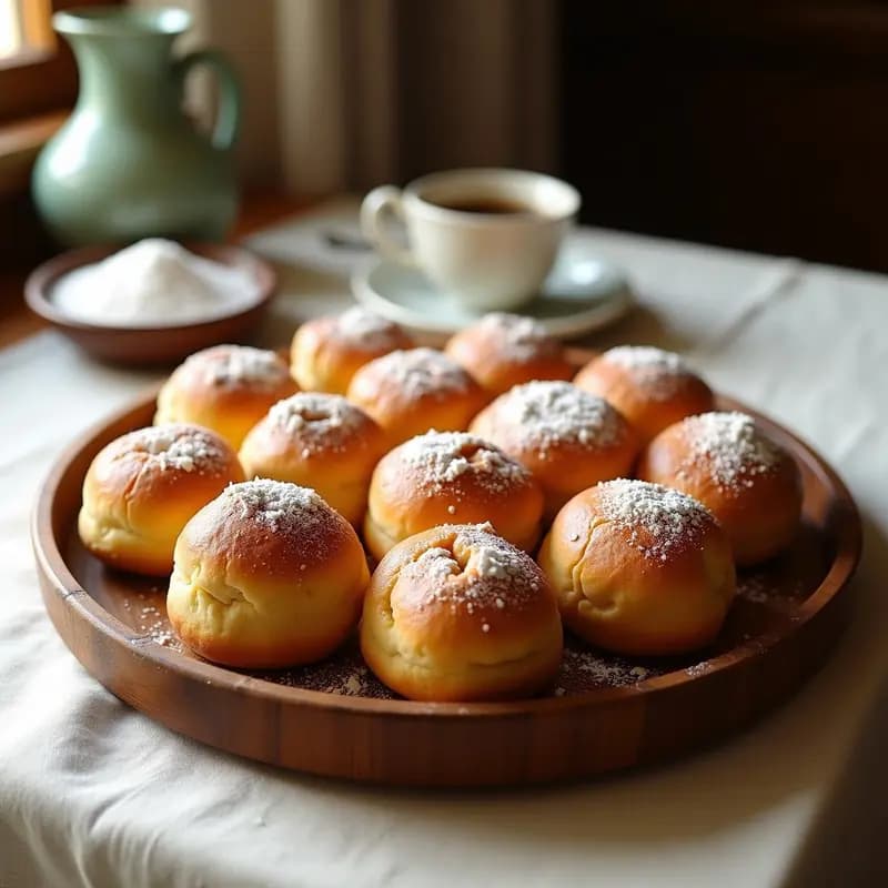 Bandeja de madera con bollos de manteca dorados y esponjosos, espolvoreados con azúcar glass blanco, sobre un mantel rústico de lino. Receta tradicional andaluza de repostería casera.