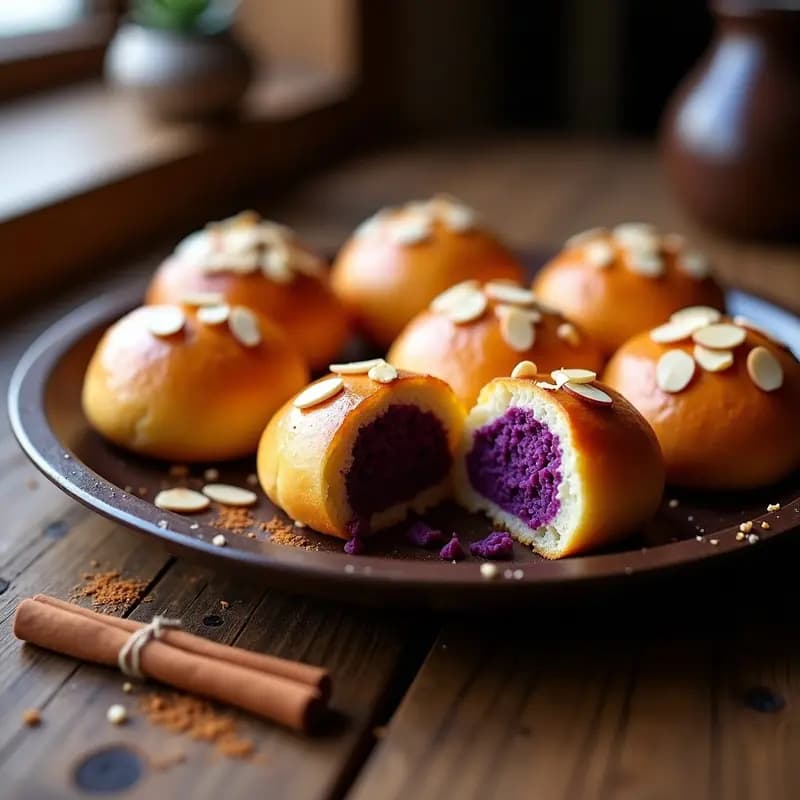 Bollos de manteca veganos dorados rellenos de batata morada, con almendras fileteadas en la superficie, servidos en un plato de cerámica blanca sobre un mantel de lino. Postre portugués sin lactosa y antioxidante.