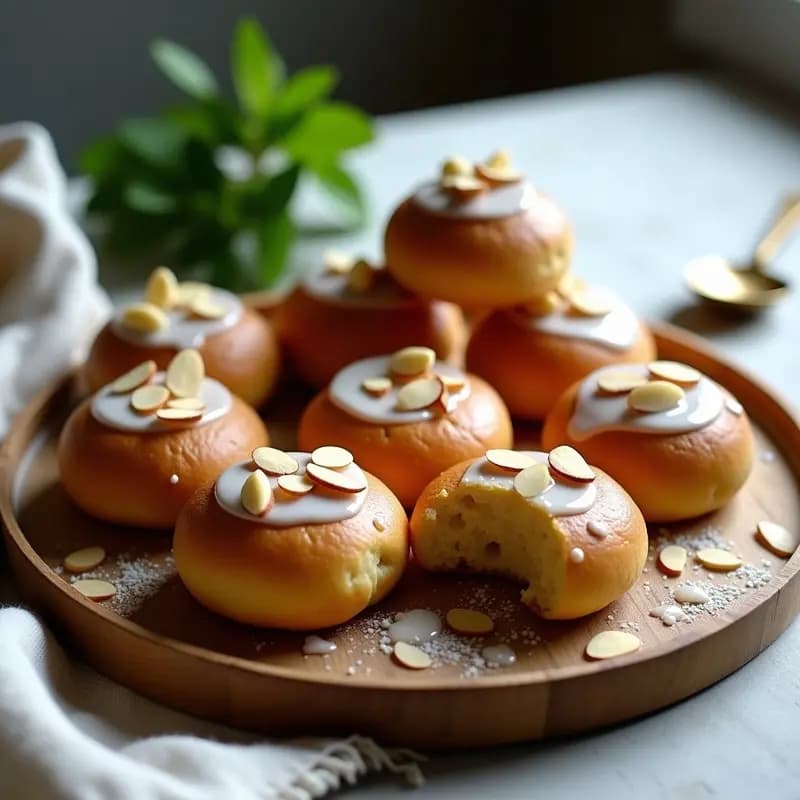 Bollos dorados de mantequilla suecos con cardamomo y almendras fileteadas, glaseados con azúcar glass, dispuestos en una bandeja de madera rústica con un fondo de tela lino y hojas de menta. Desayuno escandinavo sin lactosa.