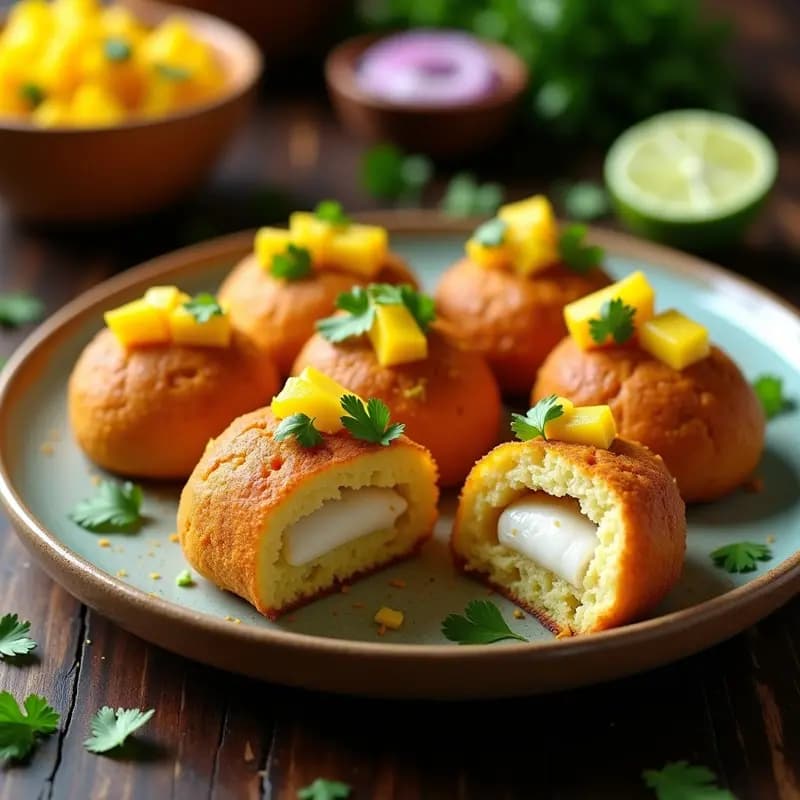 Bollos dorados de maíz rellenos de pescado especiado, servidos en una fuente de barro con salsa fresca de mango y cilantro. Receta brasileña en Airfryer, crujiente por fuera y jugosa por dentro.