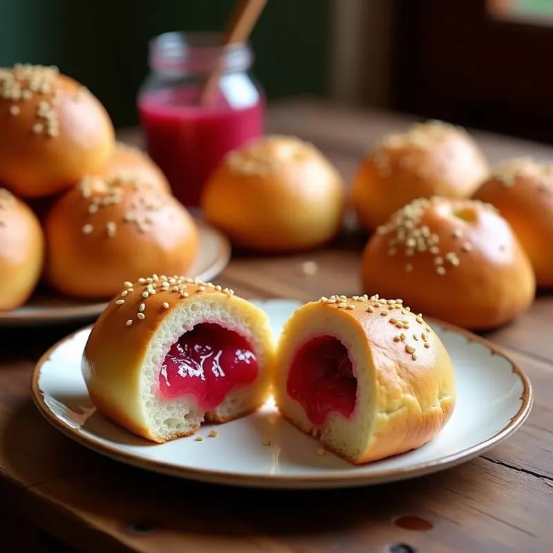 Bollos dorados de mazo rellenos de mermelada de guayaba, espolvoreados con almendras fileteadas, sobre un plato de barro rústico con fondo de madera oscura, receta canaria tradicional sin lácteos.