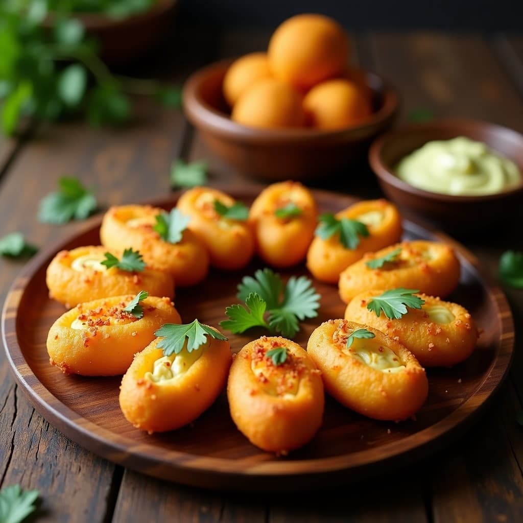 Bollos dorados y crujientes de ñame y queso crema vegano servidos en una bandeja de madera, con un fondo rústico y hierbas frescas. Receta colombiana en airfryer.