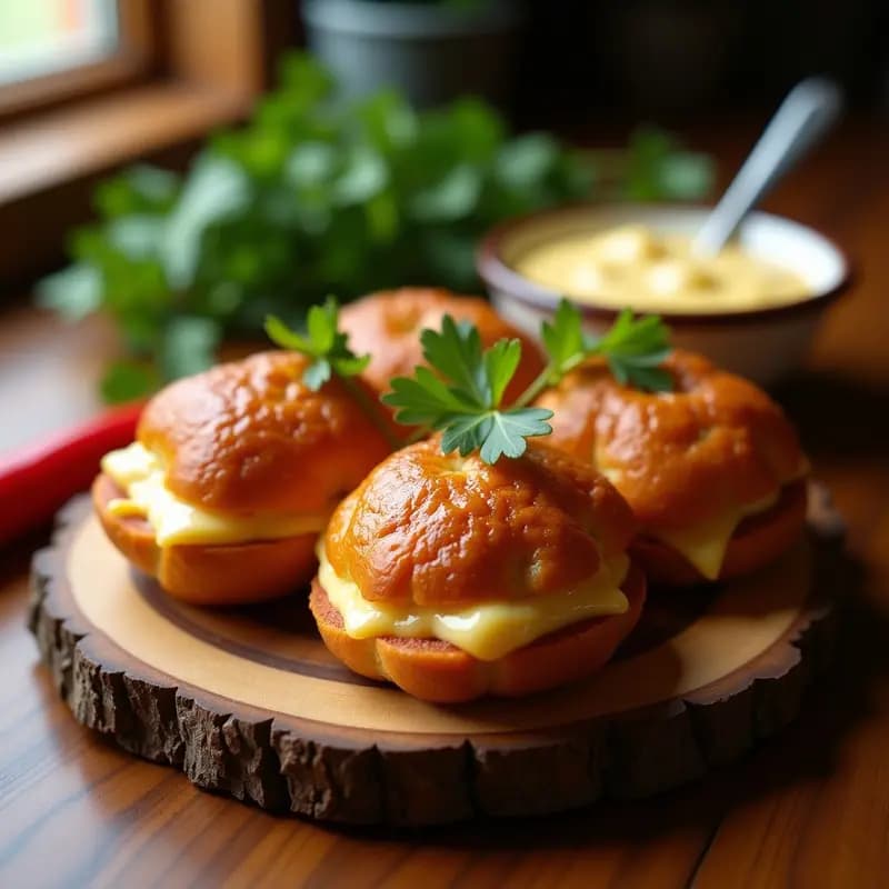 Bollos dorados de pan de yuca rellenos de chorizo y queso fundido, servidos en una fuente de madera con hierbas frescas y salsa al lado, receta paraguaya en airfryer.