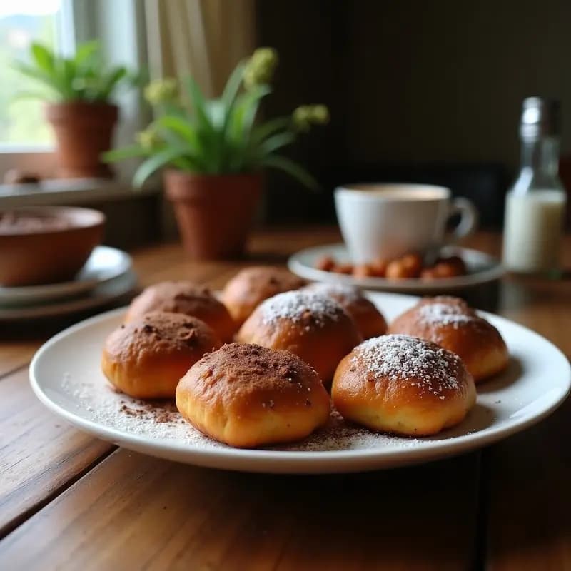 Bollos esponjosos de color marrón oscuro con vetas de cacao, decorados con almendras fileteadas doradas, sobre un plato de cerámica blanca con fondo rústico. Receta de bollos de plátano macho y cacao veganos sin harina.