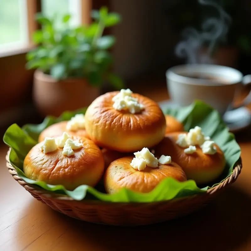 Bollos dorados de plátano macho y queso fresco en canasta de airfryer, con textura esponjosa y trozos de queso visible, servidos sobre hoja de plátano para un desayuno colombiano alto en energía.