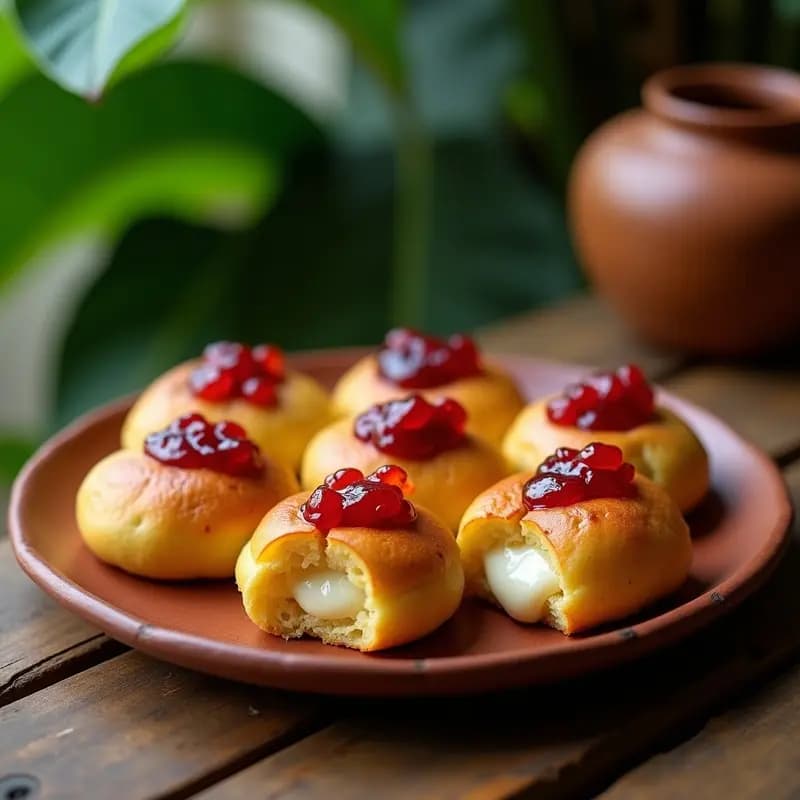 Bollos de plátano macho dorados al vapor, abiertos por la mitad mostrando queso palmito derretido y mermelada de guayaba brillante, servidos en un plato de barro rústico con hojas de plátano de fondo.