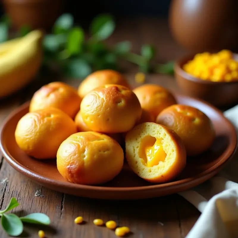 Bollos dorados y esponjosos de plátano y maíz con trozos de queso costeño fundido, servidos en un plato de barro sobre fondo rústico.