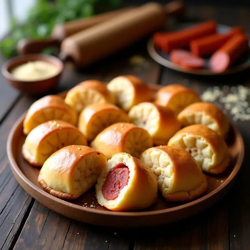 Bandeja de madera con Bollos Preñaos asturianos recién horneados, dorados y con corte en forma de media luna, rellenos de chorizo. Fondos de harina de maíz y chorizo fresco.