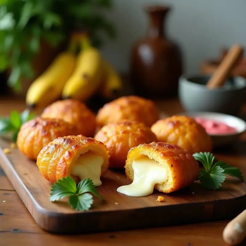 Bollos de yuca dorados y crujientes rellenos de queso mozzarella derretido y jenjibre, servidos en una bandeja de madera con hojas de culantro. Plato típico puertorriqueño hecho en airfryer, con textura esponjosa por dentro y dorada por fuera.