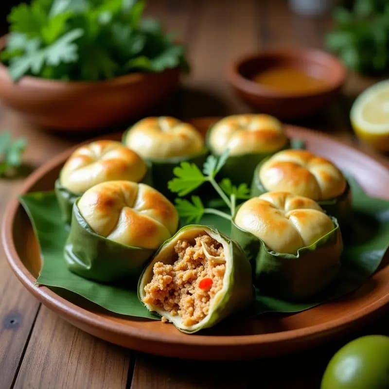 Bollos de yuca rellenos de pollo desmenuzado envueltos en hojas de plátano, receta colombiana tradicional sin gluten, servidos en un plato de barro con cilantro fresco.