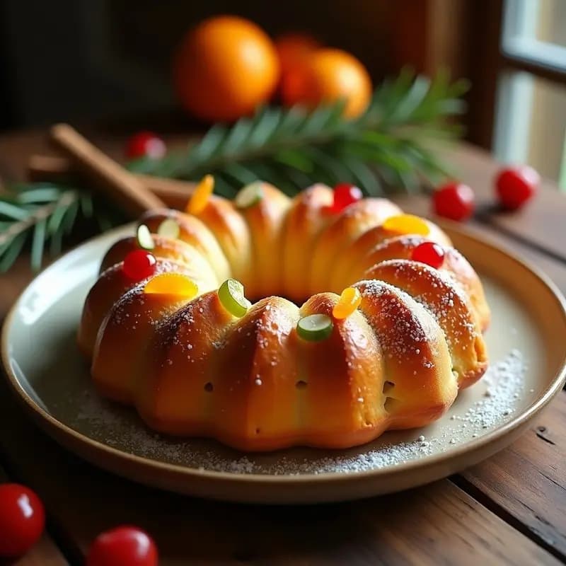Bolo-rei portugués dorado y esponjoso con frutas escarchadas sin azúcar y almendras laminadas, decorado en forma de corona navideña, receta tradicional sin azúcar.
