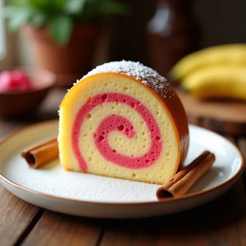 Bolo de Rolo Brasilero cortado en rodajas sobre un plato blanco, mostrando capas perfectas de bizcocho esponjoso amarillo y pasta de guayaba rosada. Decorado con azúcar glass y una ramita de canela al lado.