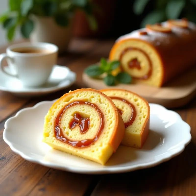 Bolo de Rolo con Goibada en rodajas sobre un plato blanco, mostrando capas finas de bizcocho esponjoso y relleno de dulce de guayaba dorado, postre brasileño tradicional.