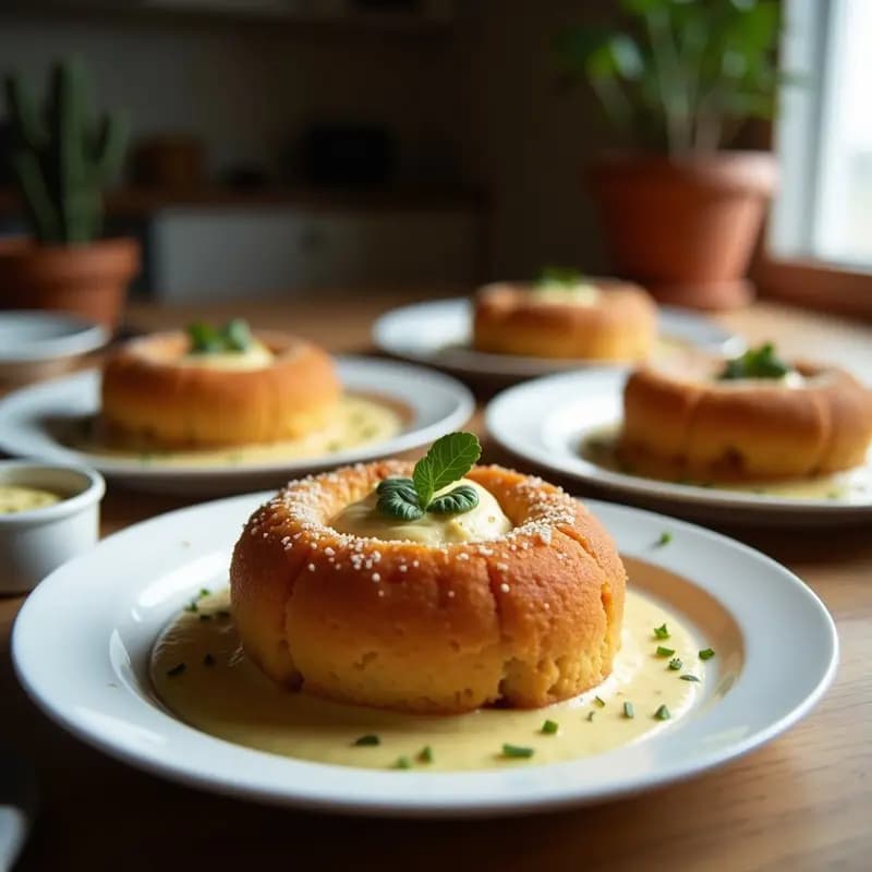 Bolo de Rolo Vegano con Crema de Cacahuete: rollos dorados de masa esponjosa sin gluten enrollados con crema de cacahuete y cacao, servidos en plato blanco con espolvoreado de cacao y virutas de coco, postre brasileño sin azúcar.