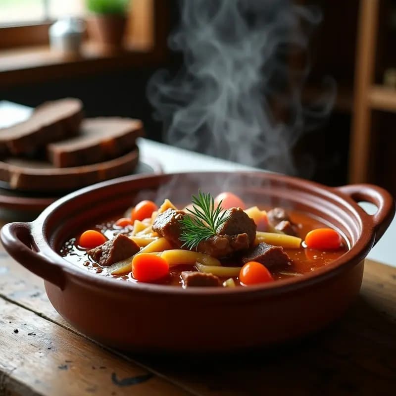 Olla de barro con Bольoi ucraniano humeante, carne de res tierna, repollo en juliana y salsa de tomate espesa, decorado con eneldo fresco sobre una mesa rústica de madera con pan de centeno al lado.