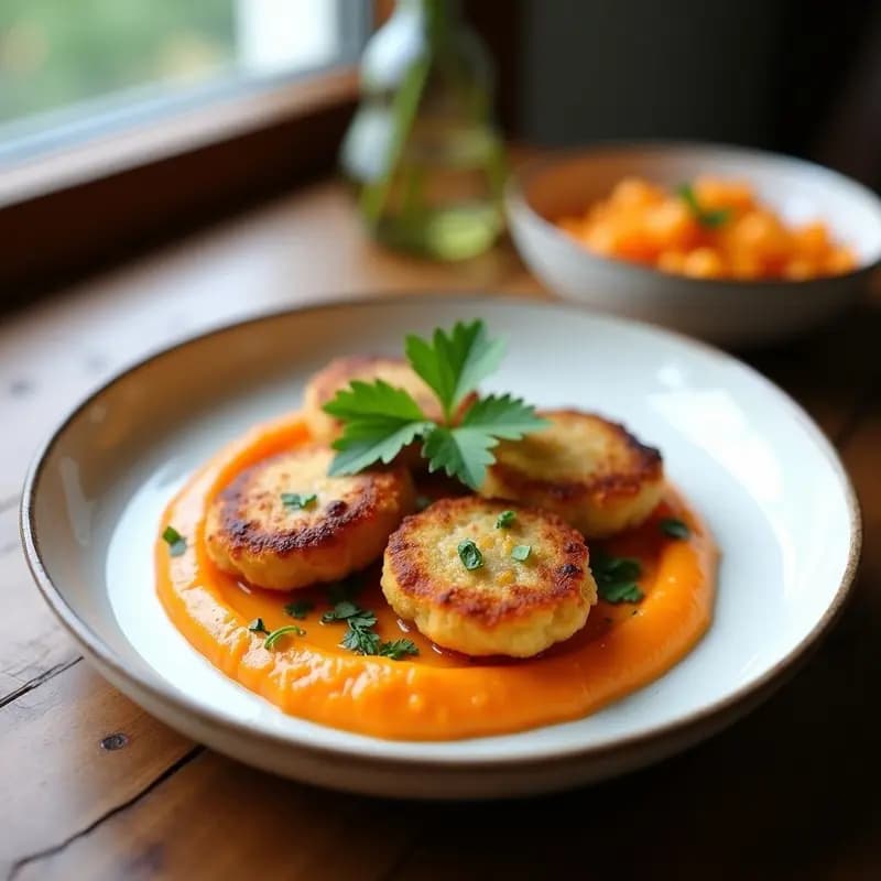Plato de cerámica blanca con boloinas de bacalhau doradas y crujientes sobre un puré de patata dulce cremoso, decorado con cebolla morada picada y perejil fresco. Receta portuguesa alta en proteína en airfryer.