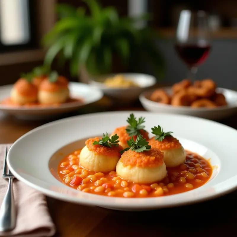 Plato blanco con cuatro bols de algas letrúas rellenos de arroz Venere negro y gambas rosadas, decorado con perejil fresco y rodajas de limón, receta gallega marina sin gluten.
