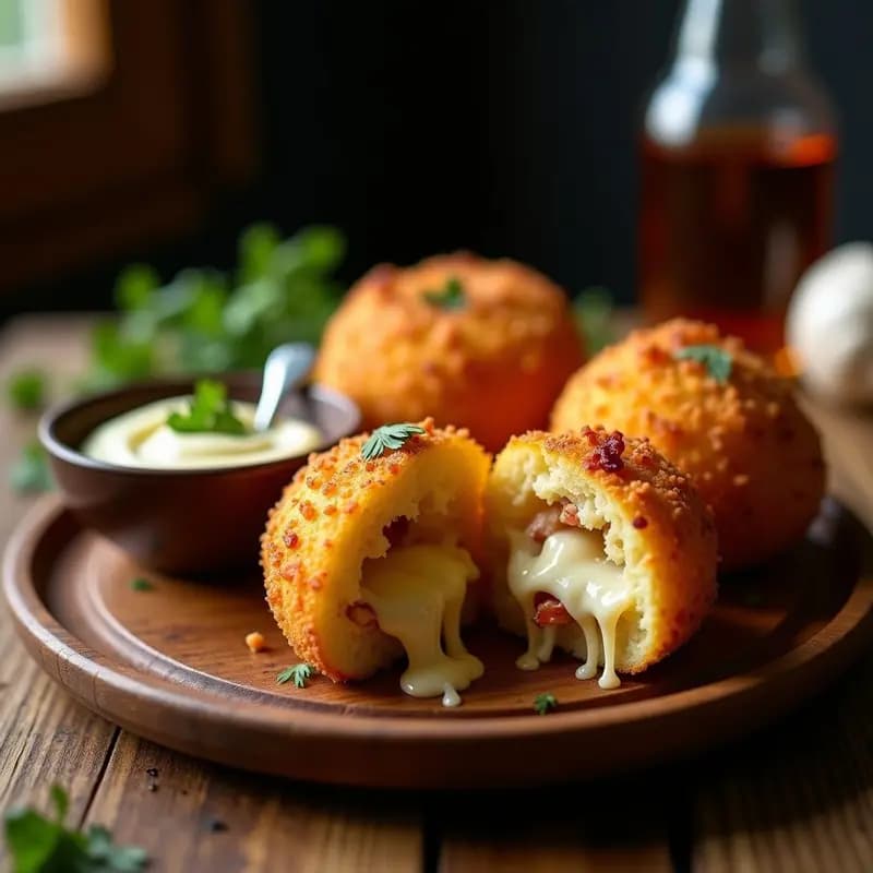 Bombas de patata doradas y crujientes rellenas de queso fundido y bacon, servidas en plato rústico con salsa de ajo y perejil al lado, aperitivo irresistible.