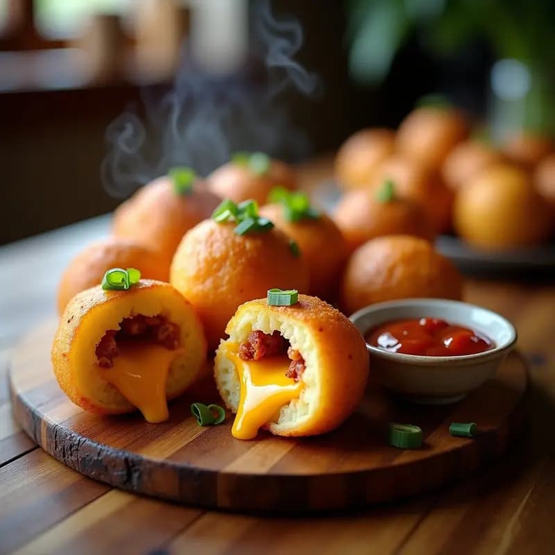 Bombas de patata doradas y crujientes rellenas de queso cheddar derretido y tocino, servidas en una fuente de madera con un bol de salsa barbacoa espesa al lado. Receta de bombas de patata con queso cheddar y tocino con salsa barbacoa.