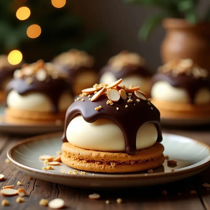 Bombón de helado de turrón con cobertura de chocolate negro en molde dorado, espolvoreado con almendras fileteadas y base crujiente de galleta, sobre fondo navideño con luces tenues.