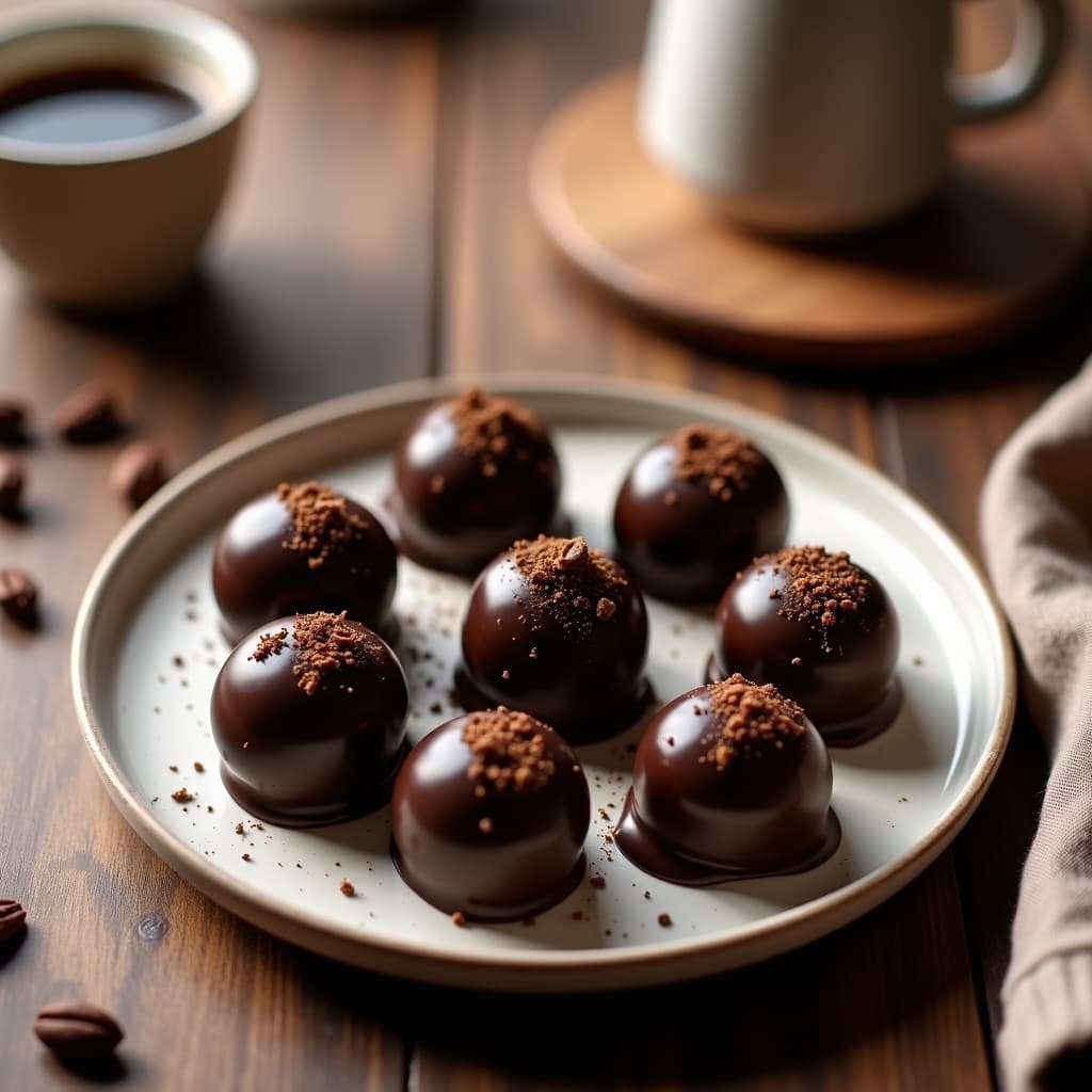 Bombones de chocolate negro y café keto dispuestos en molde de silicona, con textura brillante y espolvoreados con café en polvo, sobre fondo rústico de madera.
