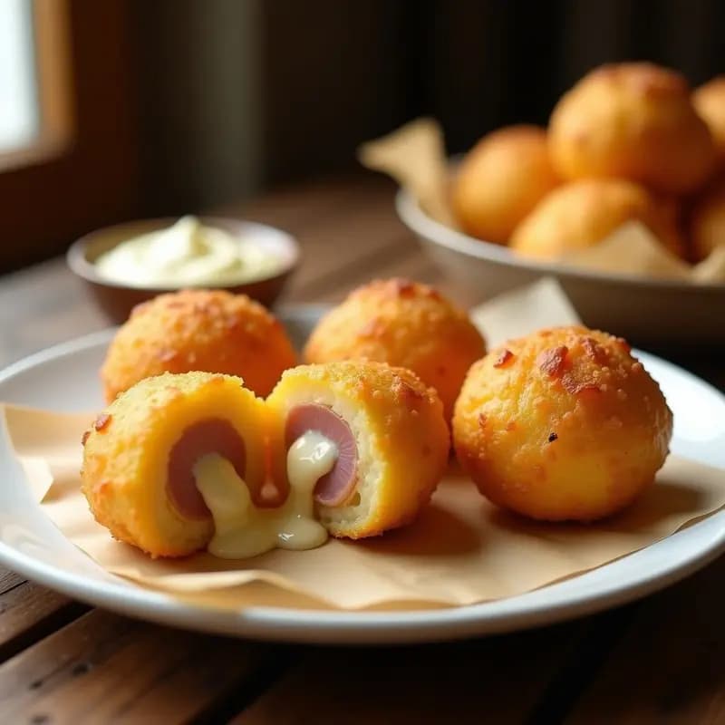 Bombones dorados y crujientes de patata y queso servidos en una fuente blanca sobre papel de horno, con el interior fundido visible al cortar uno por la mitad. Receta viral de airfryer.
