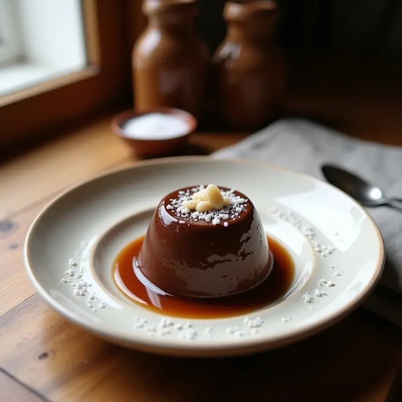 Bompot de chocolate y avellanas keto servido en ramequín blanco, con corazón fundente de avellanas y topping de sal marina en escamas, sobre mesa rústica de madera con fondo desenfocado.