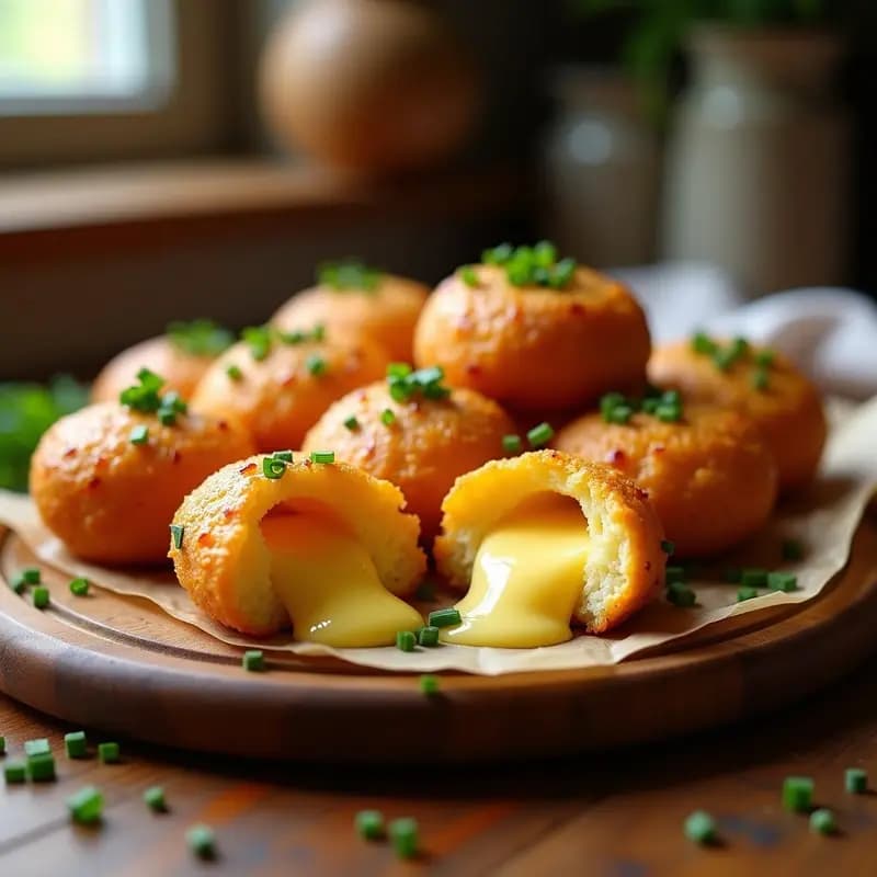 Bonos de cassava dorados y crujientes con queso fundido asomando por dentro, servidos en una bandeja de madera rústica con cebollino fresco espolvoreado. Aperitivo brasileño sin gluten hecho en airfryer.