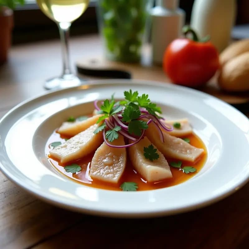 Plato blanco con boquerones en vinagre marinado, cubiertos de cebolla morada en juliana, pimiento verde en tiras y perejil fresco picado. Entrante fresco de la costa malagueña con fondo de madera rústica.