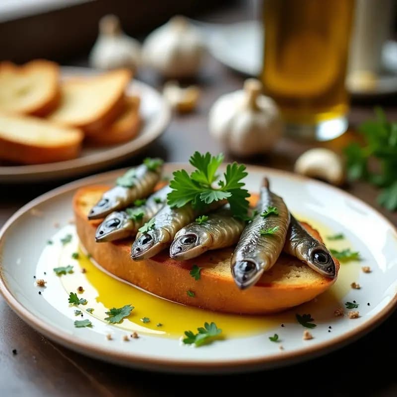 Tapa andaluza de boquerones en vinagre sobre pan tostado dorado con ajo, aliñados con aceite de oliva, perejil fresco y pimienta negra, servida en plato blanco rústico.