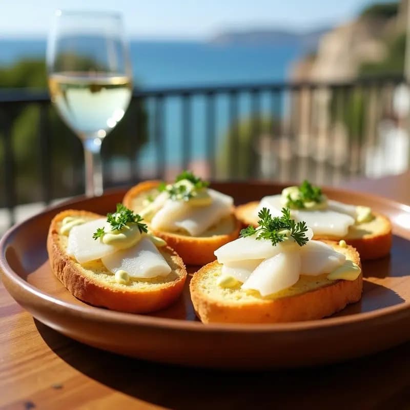 Plato rústico de madera con boquerones en vinagre marinados, servidos sobre tostadas doradas de pan de barra con alioli cremoso y perejil fresco. Receta andaluza fresca y tradicional.